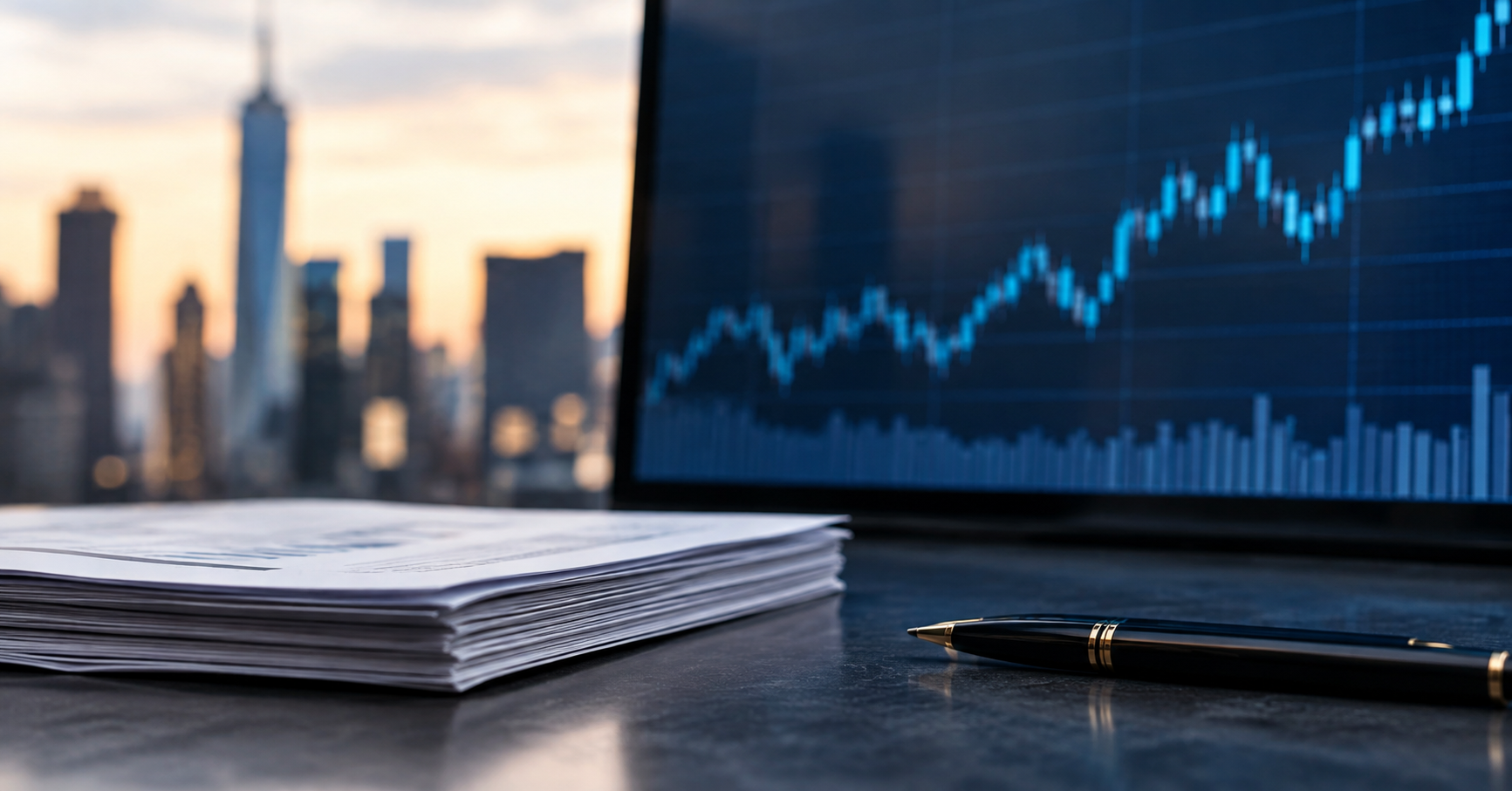 line graph on computer screen on desk with pen and papers