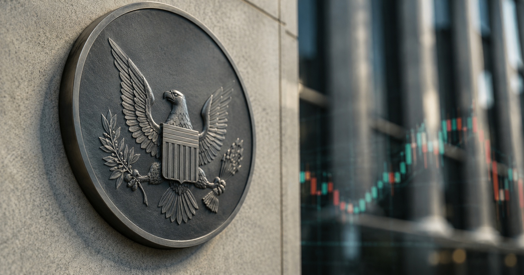 eagle holding arrow and olive branch symbol on plaque on side of building