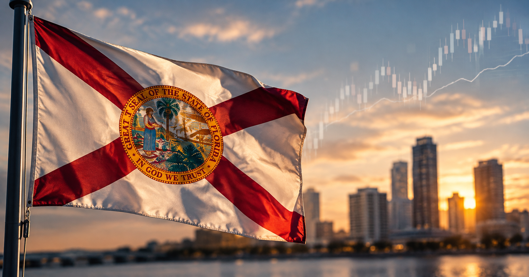 florida state flag in front of city skyline
