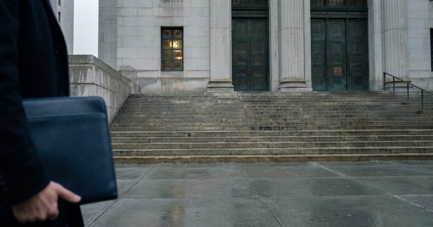 Person carrying a dark portfolio near a stone courthouse entrance