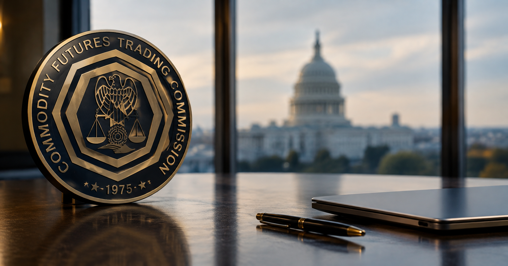 cftc logo plaque on desk with pen in front of window