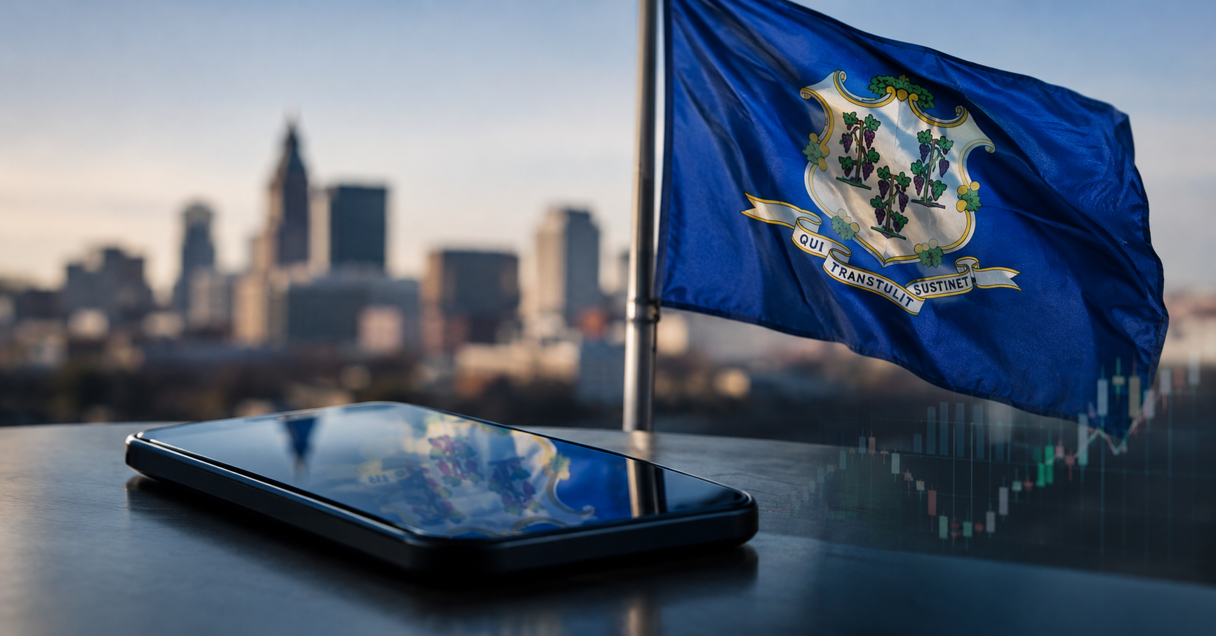 connecticut flag next to laptop on desk