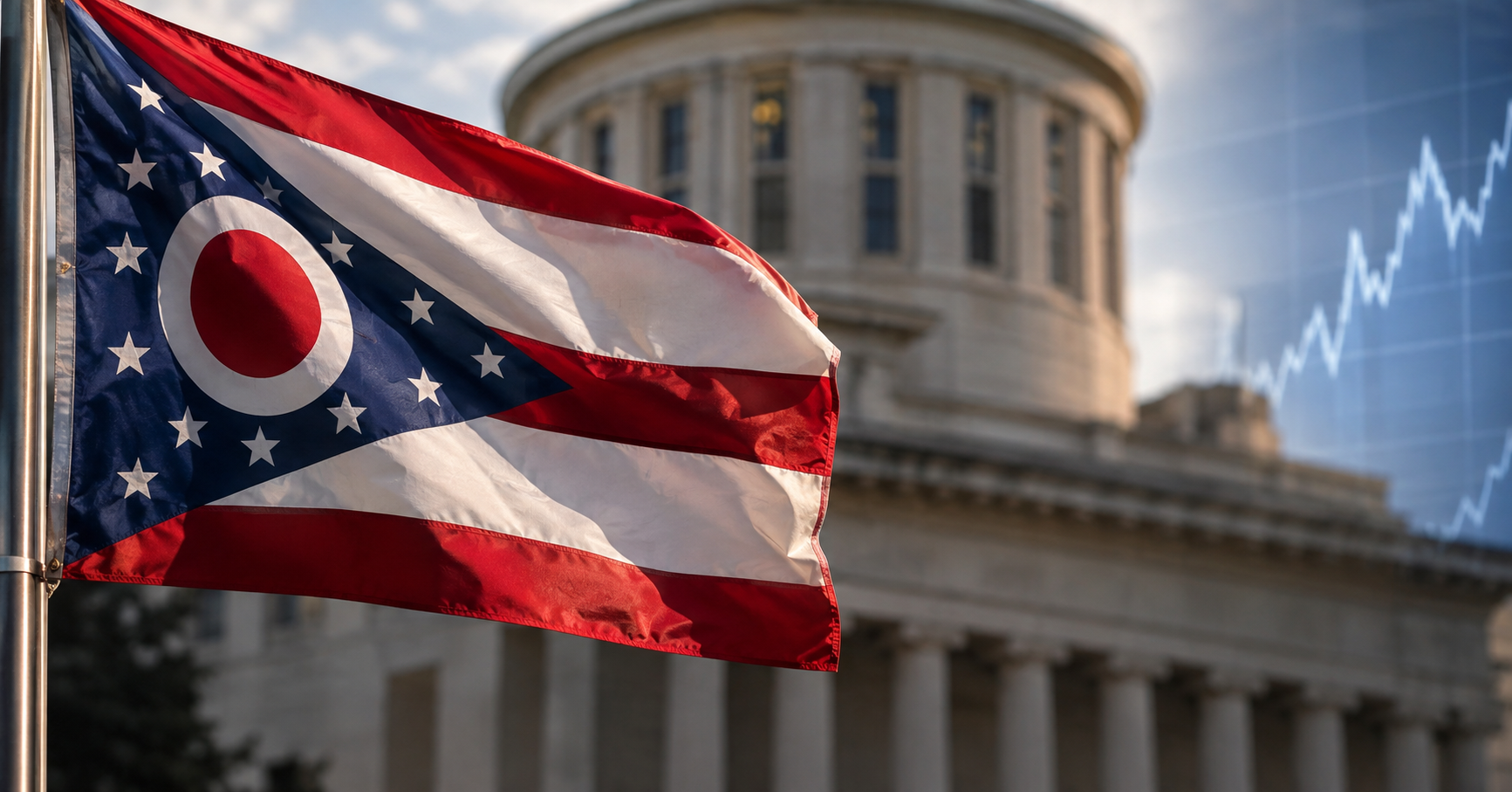 ohio state flag in front of courthouse