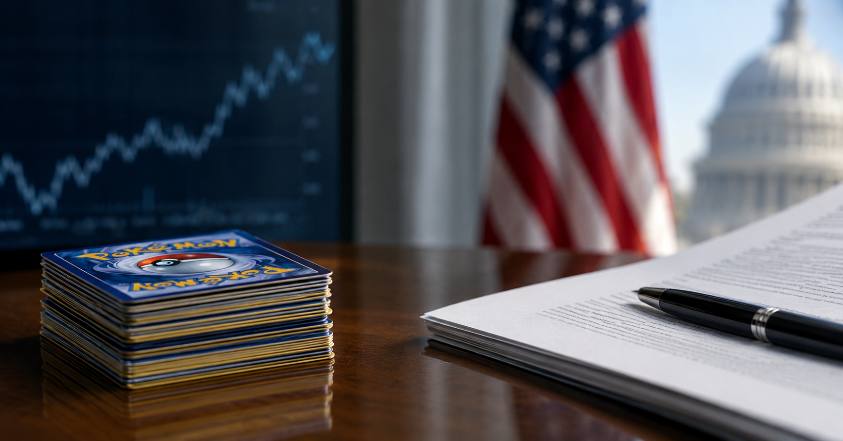 stack of pokemon cards sitting on desk in office in front of us flag