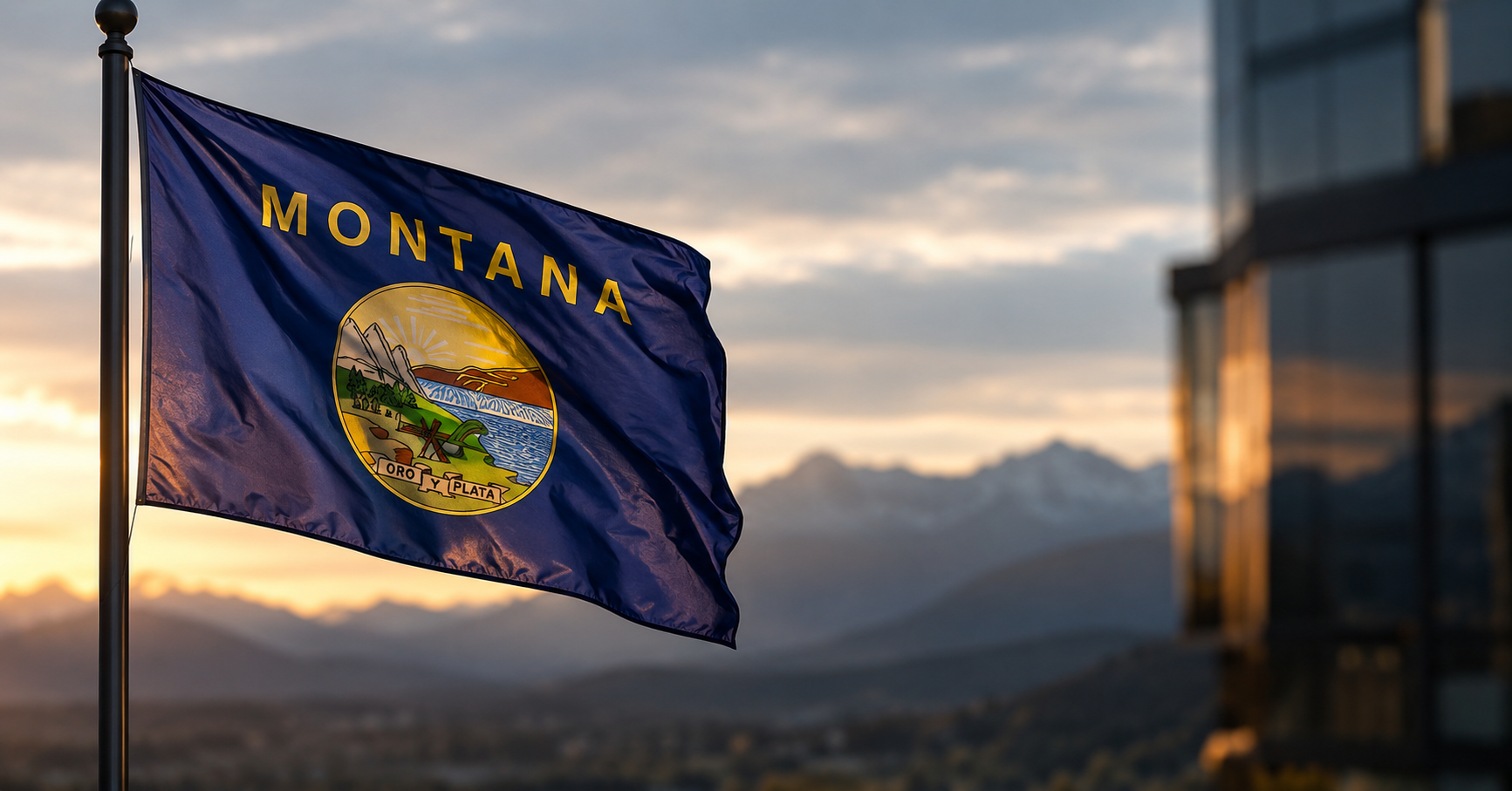 montana state flag with mountains in background