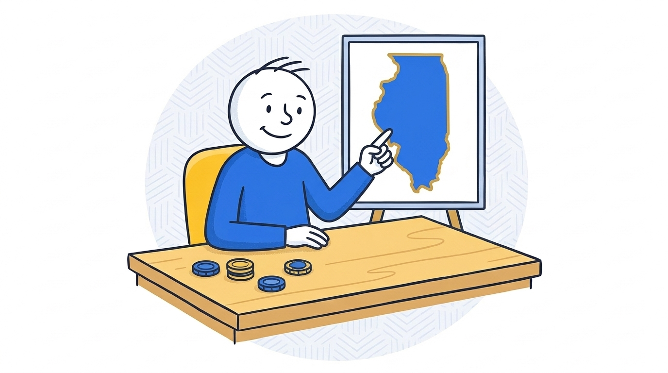 Illustration of a player pointing to an Illinois map with blue and gold play tokens on a desk
