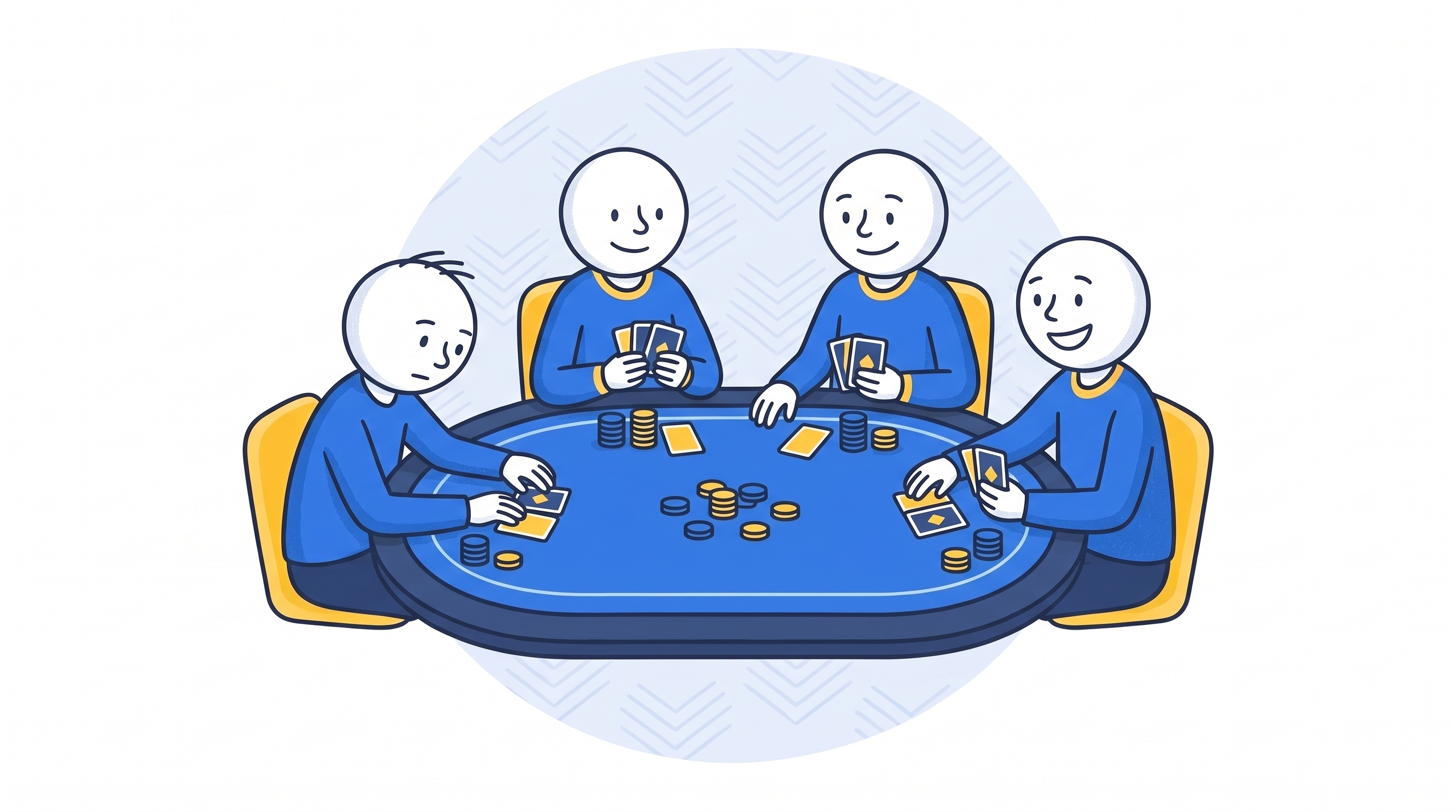 Four players gathered around a blue poker table with cards and chips