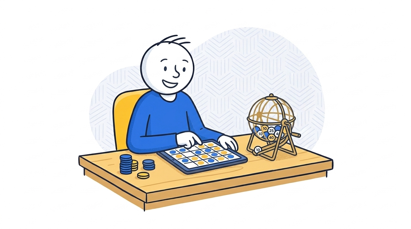 Illustration of a player marking an online bingo card beside a bingo cage and sweepstakes coins