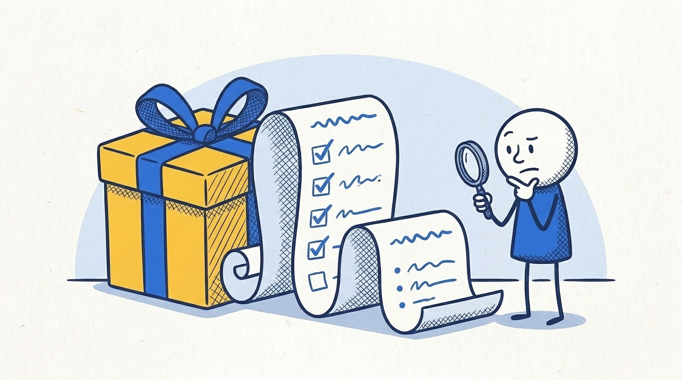 A player examines a bonus gift’s long checklist with a magnifying glass, illustrating the importance of reading bonus terms.
