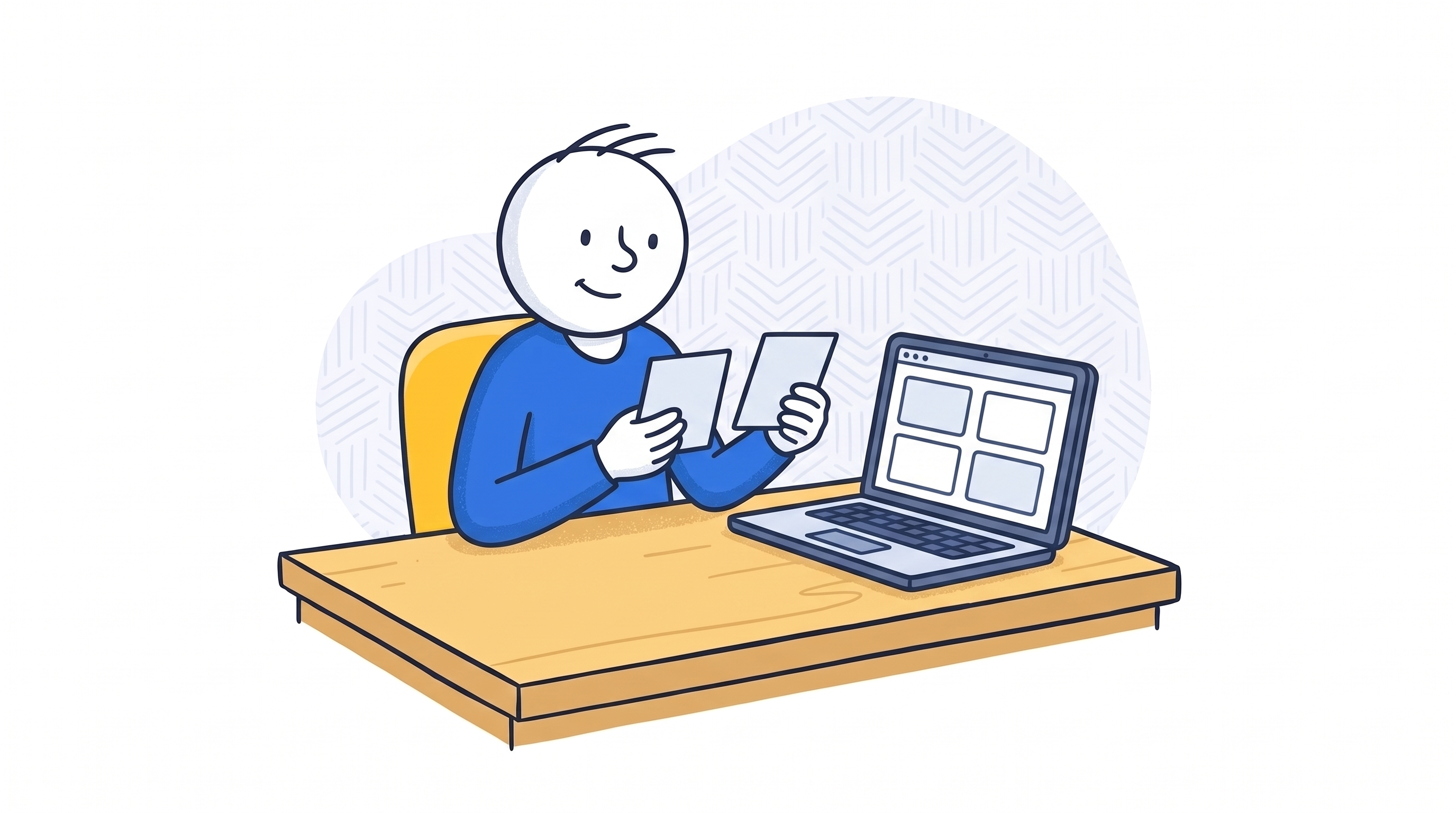 Illustration of a player comparing casino site options on a laptop beside two blank choice cards