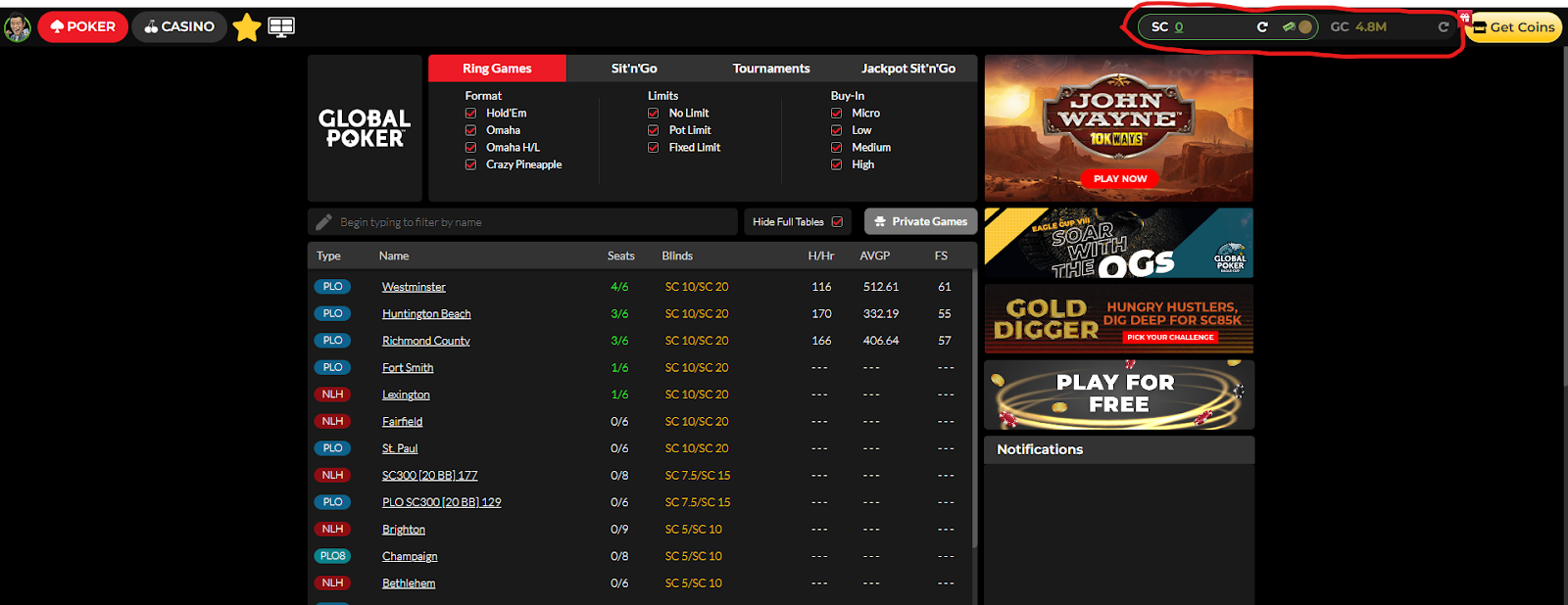 Global Poker lobby showing Sweeps Coin and Gold Coin balances circled at top right
